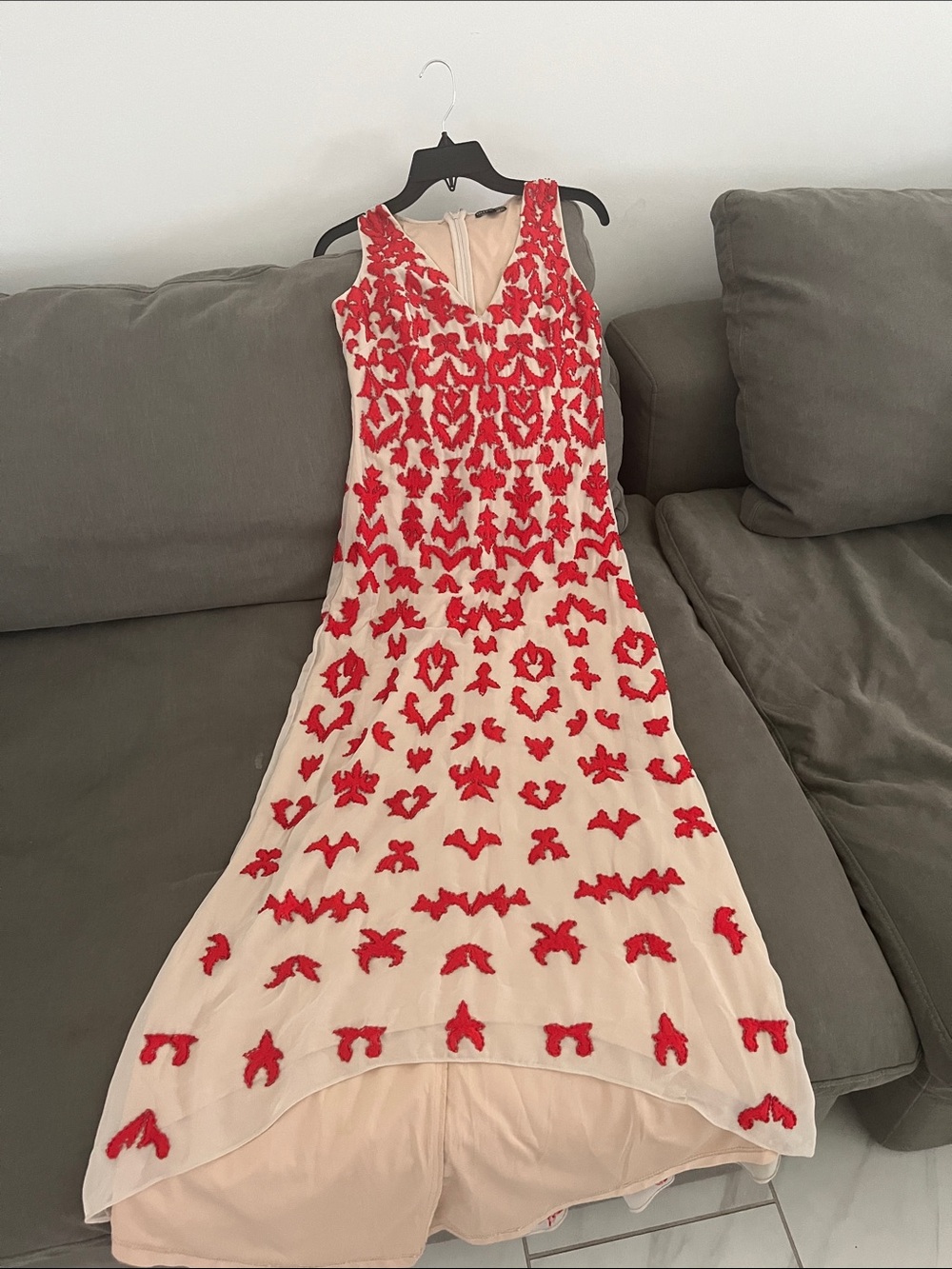 Gianni Bini Sleeveless Cream Dress with Red Embroidered Detail